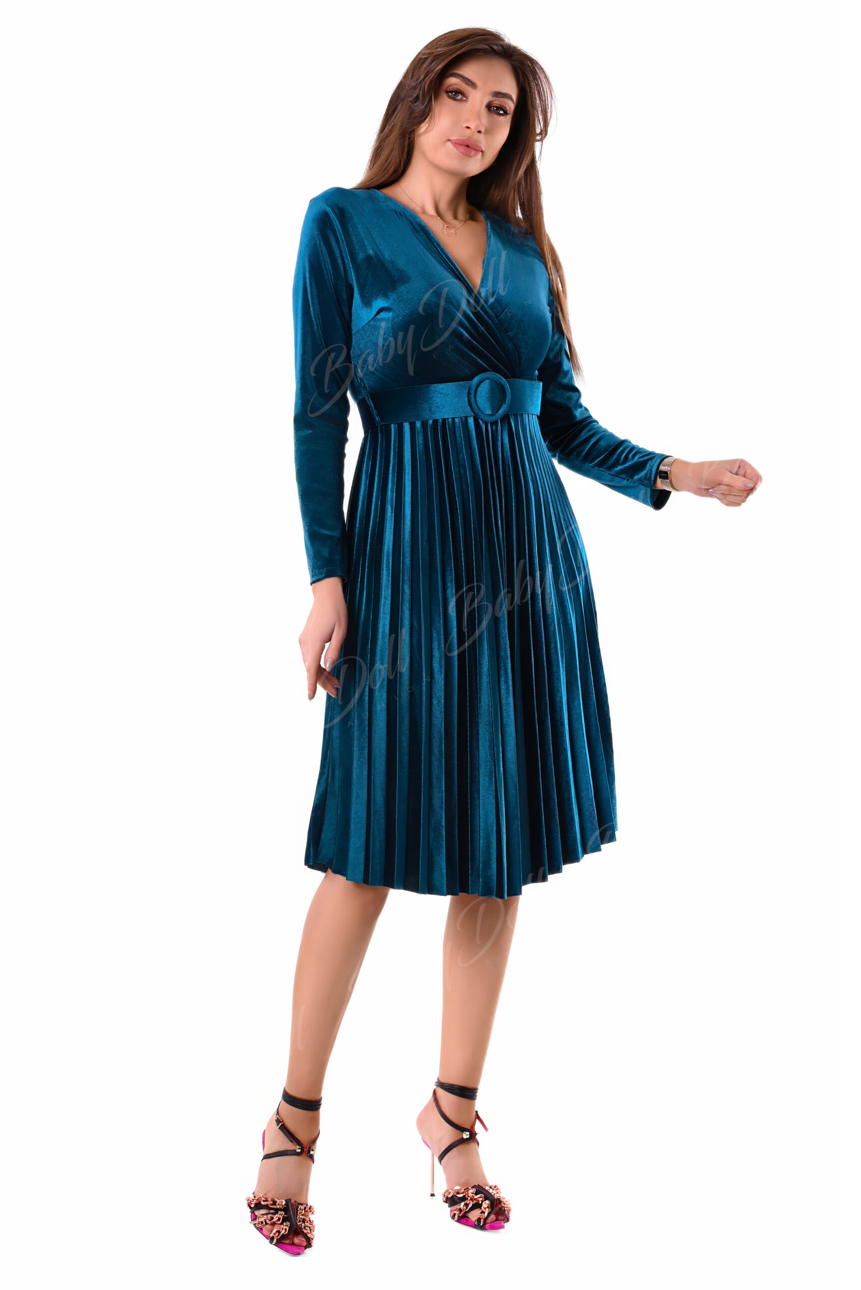 rochie plisata catifea ieftina albastra 2