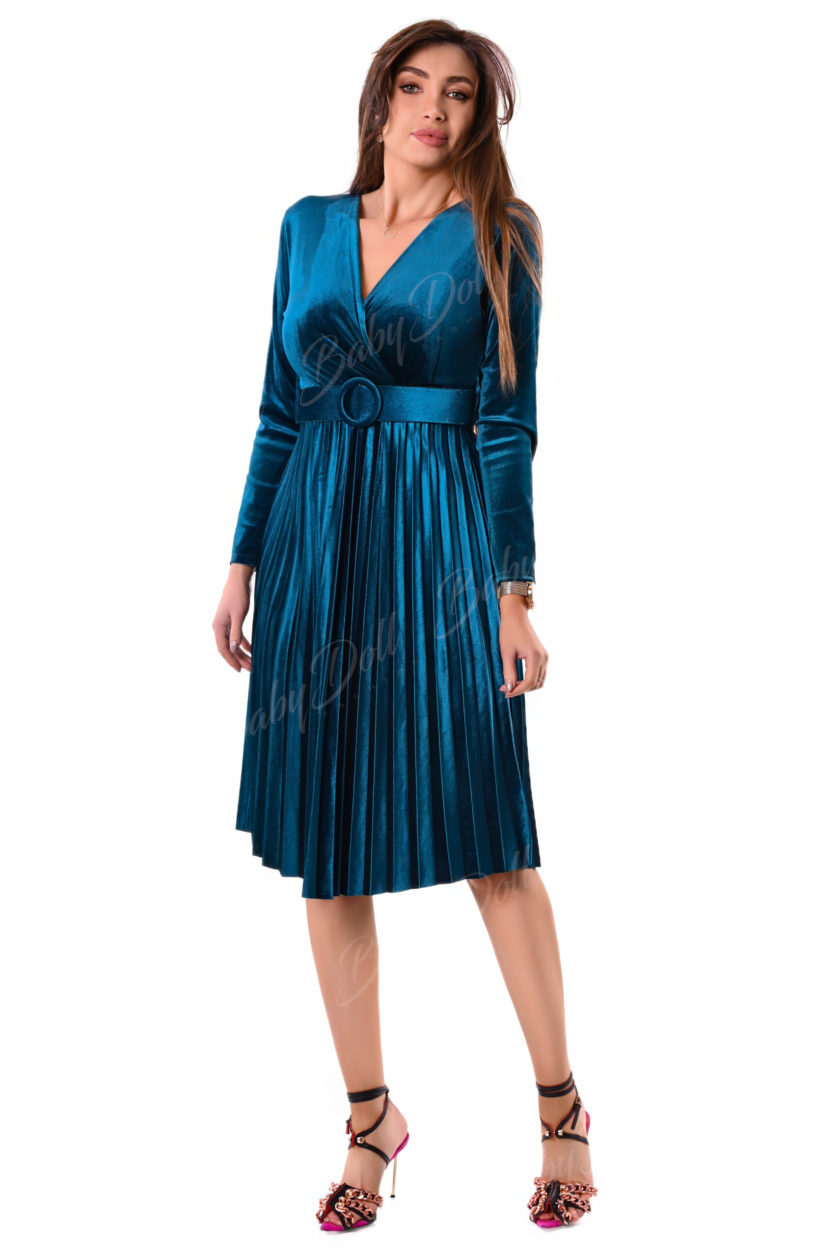 rochie plisata catifea ieftina albastra 3