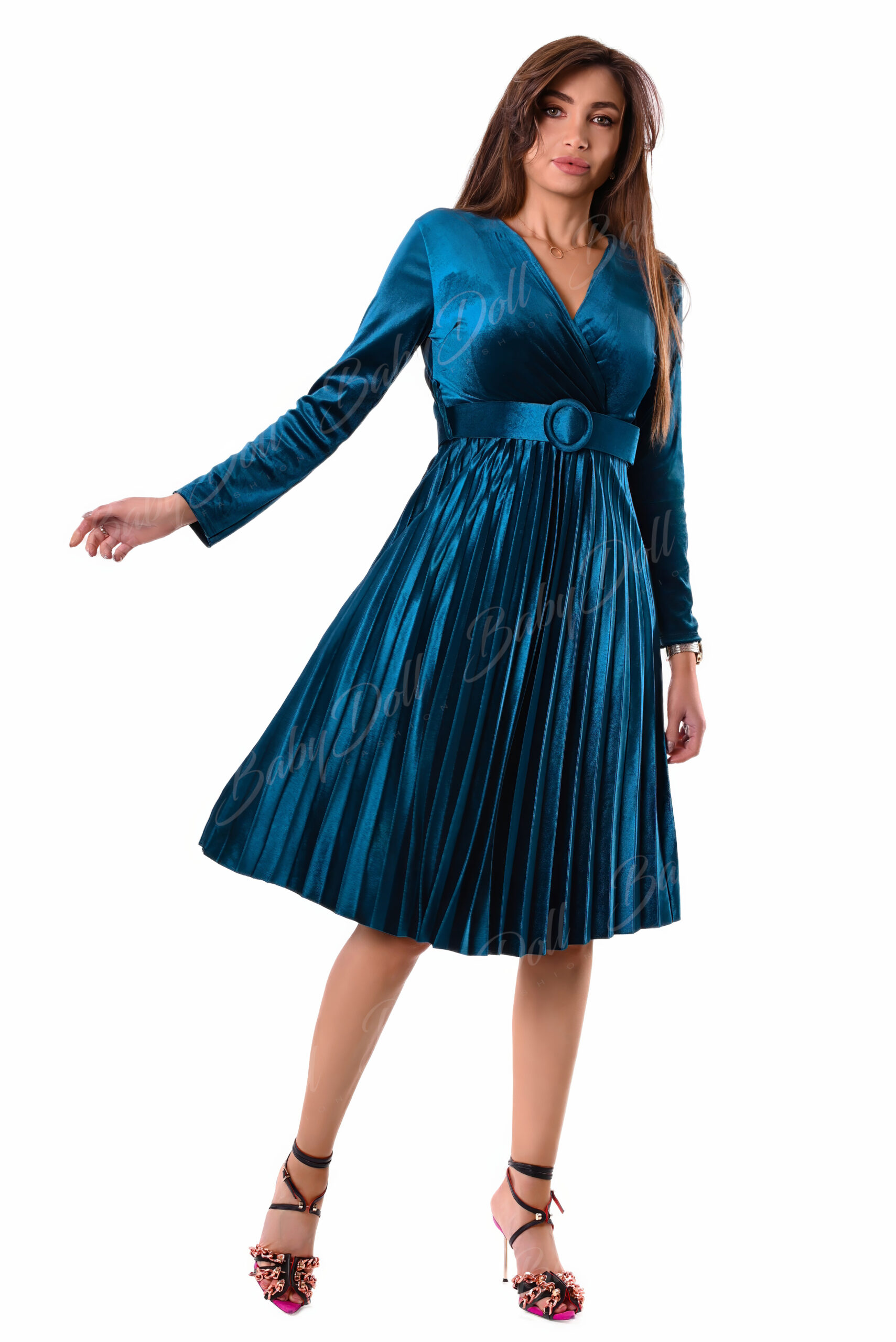rochie plisata catifea ieftina albastra 6